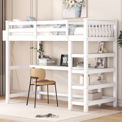 Белая детская кровать чердак с письменным столом №262