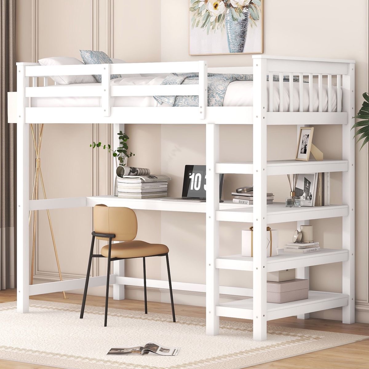 Белая детская кровать чердак с письменным столом №262