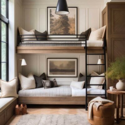 Эстетичная кровать двухъярусная из дерева и металла №250