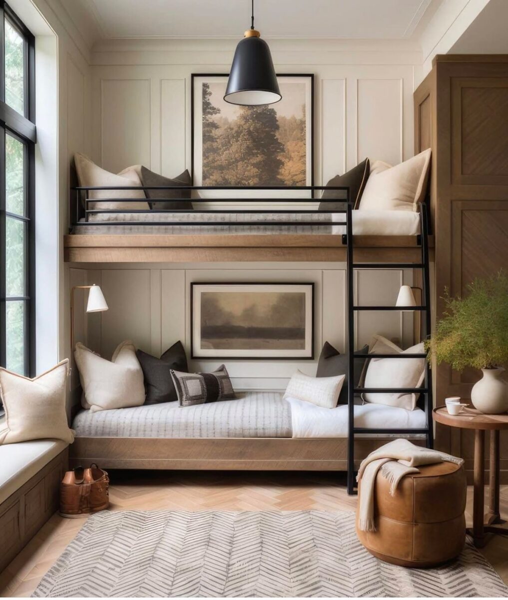 Эстетичная кровать двухъярусная из дерева и металла №250