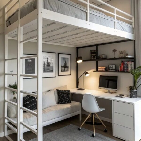 Кровать-чердак белая из металла №238