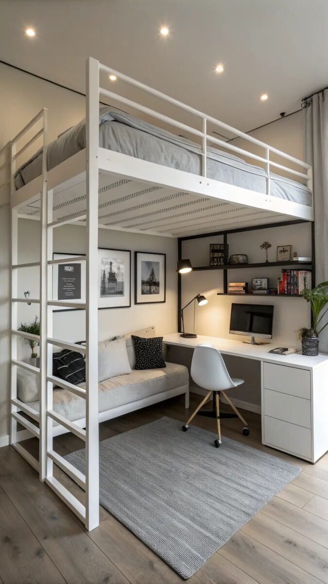 Кровать-чердак белая из металла №238