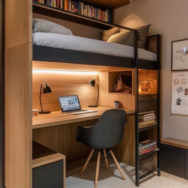 Кровать-чердак с рабочим местом из шпона дуба №243