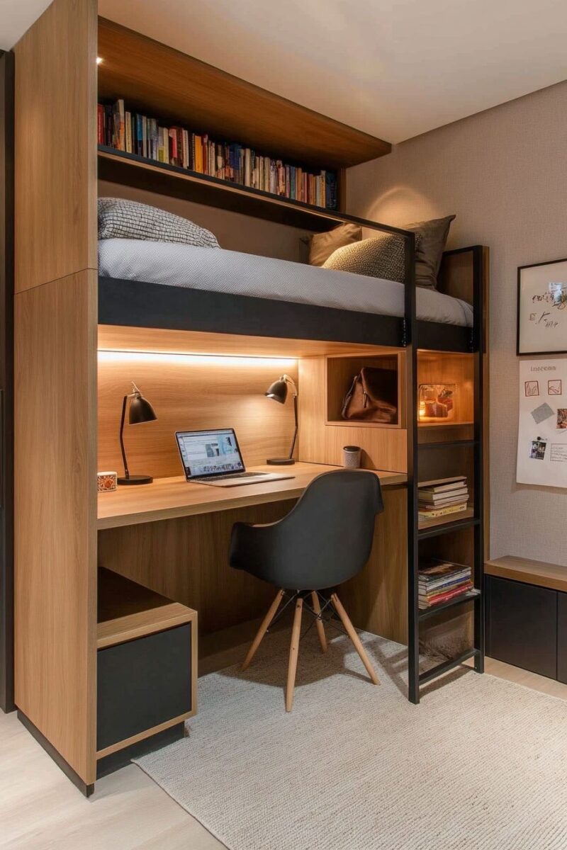 Кровать-чердак с рабочим местом из шпона дуба №243