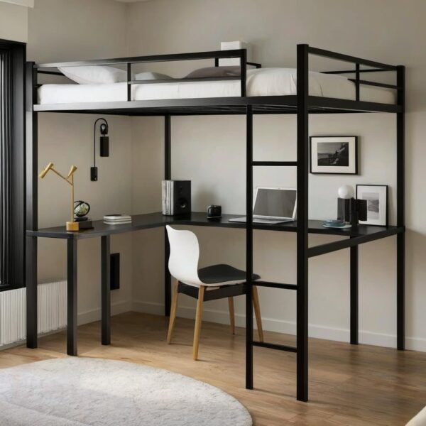 Кровать-чердак с рабочим столом черная №259