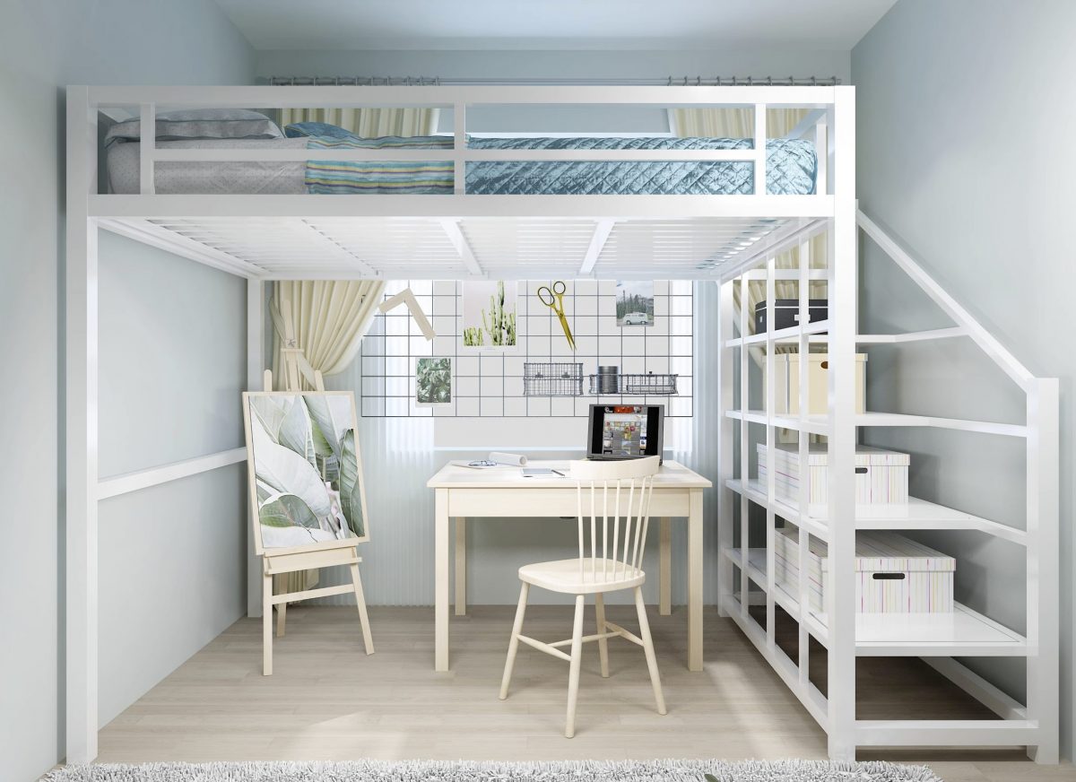 Кровать-чердак со стеллажом №100