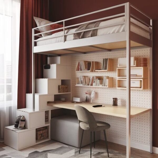 Кровать-чердак студия с рабочим столом 100х200 белая