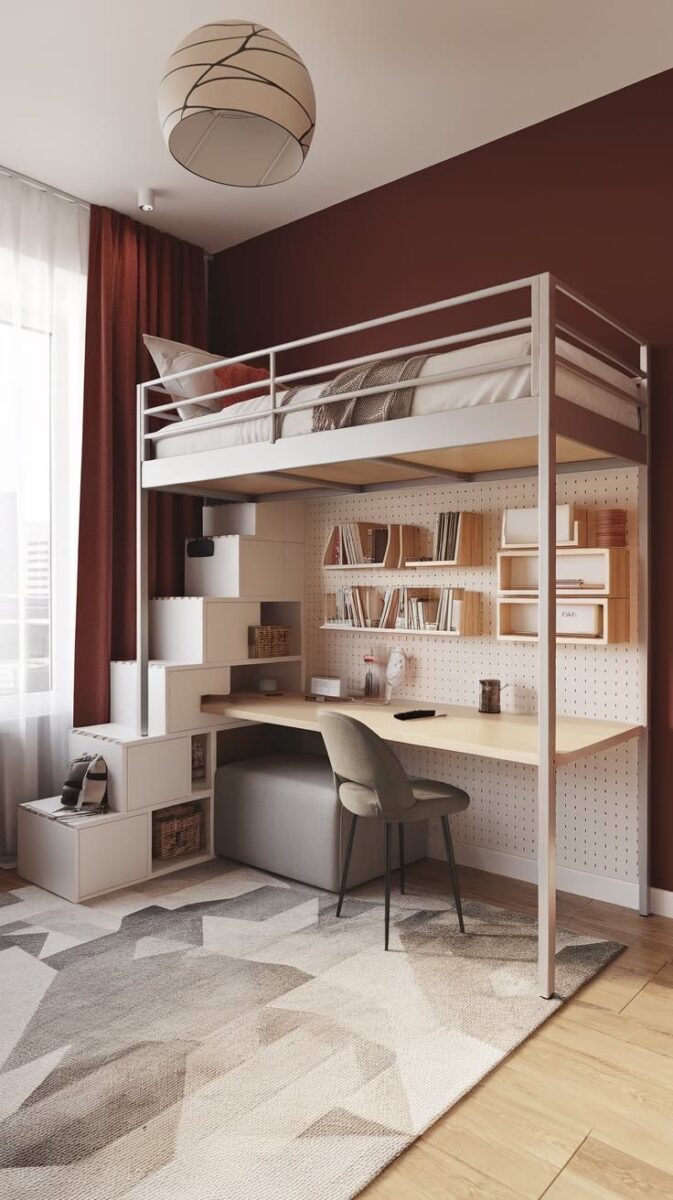 Кровать-чердак студия с рабочим столом 100х200 белая